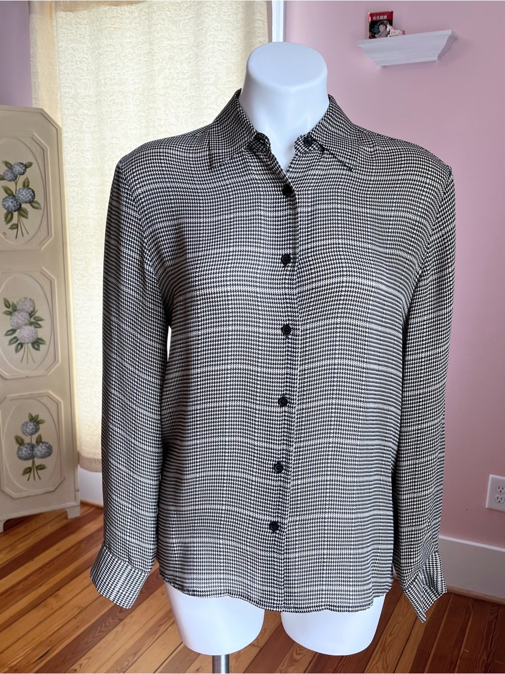 90s Silk Houndstooth Button Up Blouse